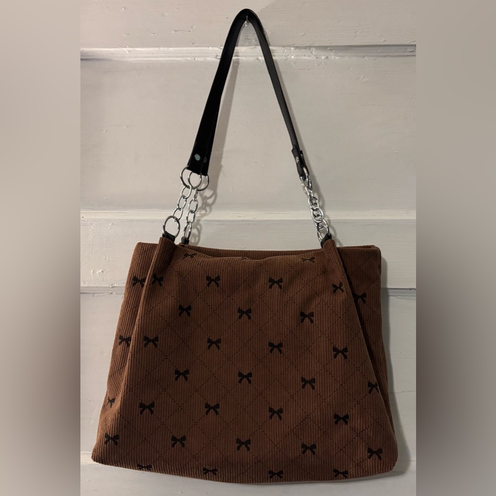 Brown Shoulder Bag with Black Bow Accents